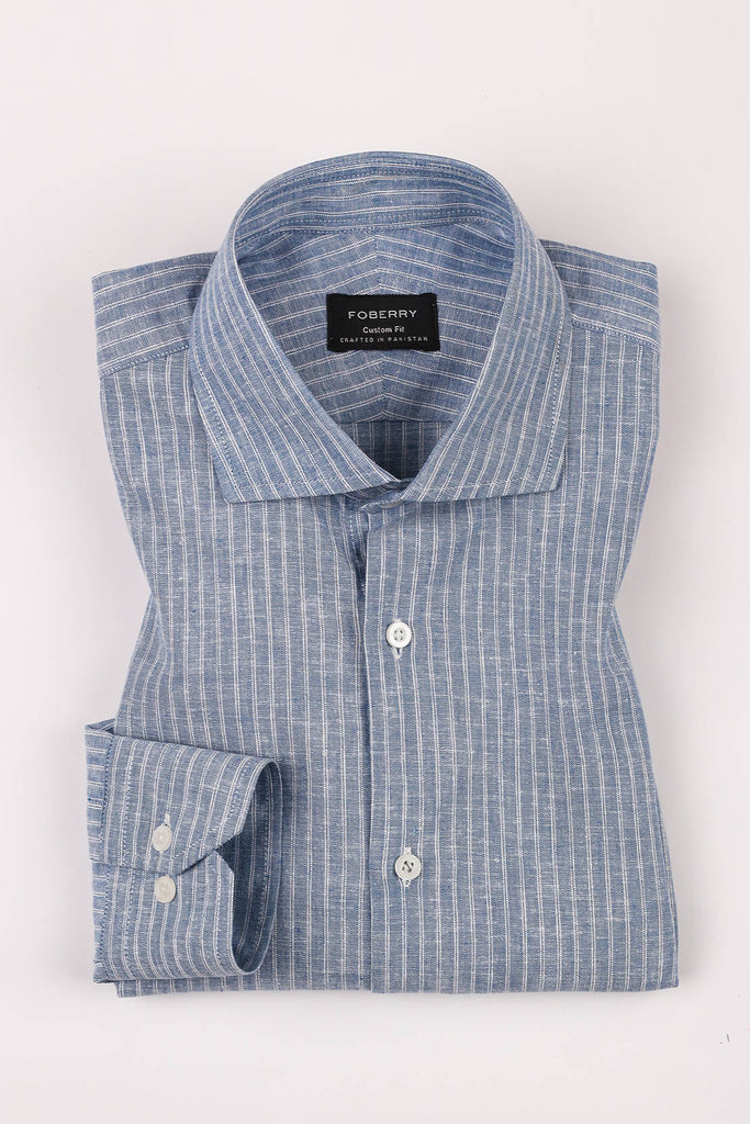 Blue Dual Striped Linen Shirt - Foberry USA