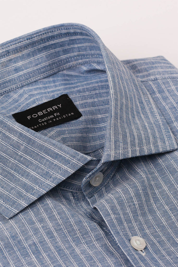 Blue Dual Striped Linen Shirt - Foberry USA