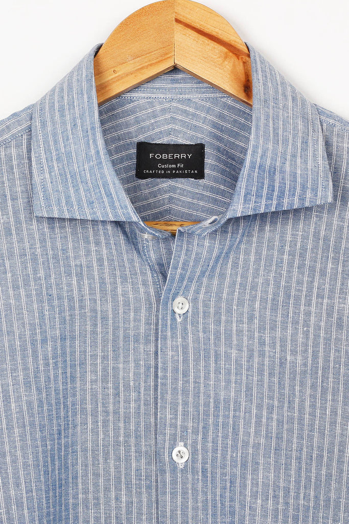 Blue Dual Striped Linen Shirt - Foberry USA
