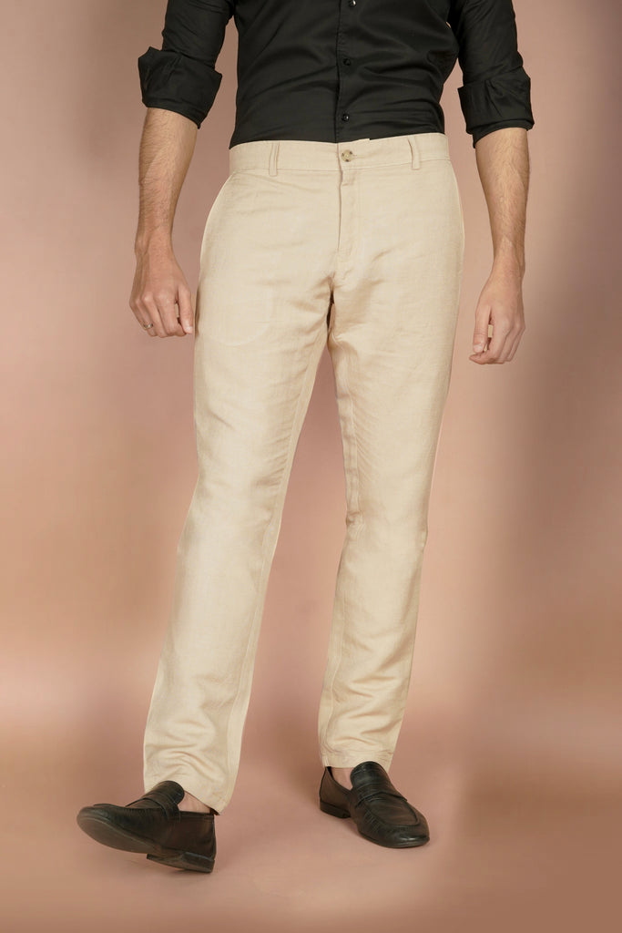 Beige Herringbone Linen Trousers - Foberry USA