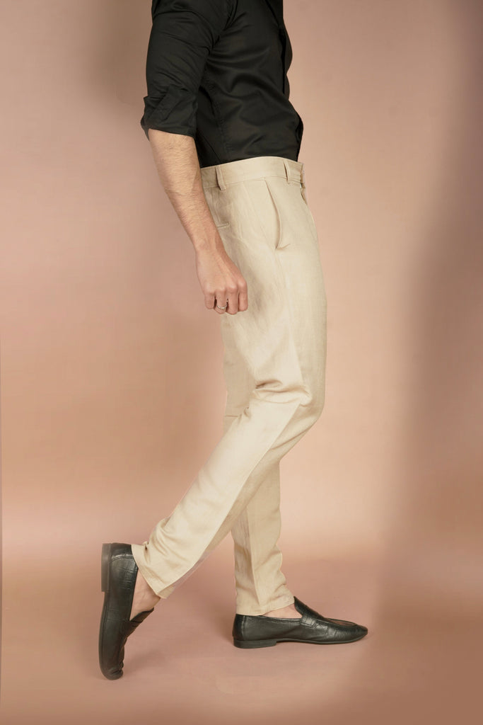 Beige Herringbone Linen Trousers - Foberry USA