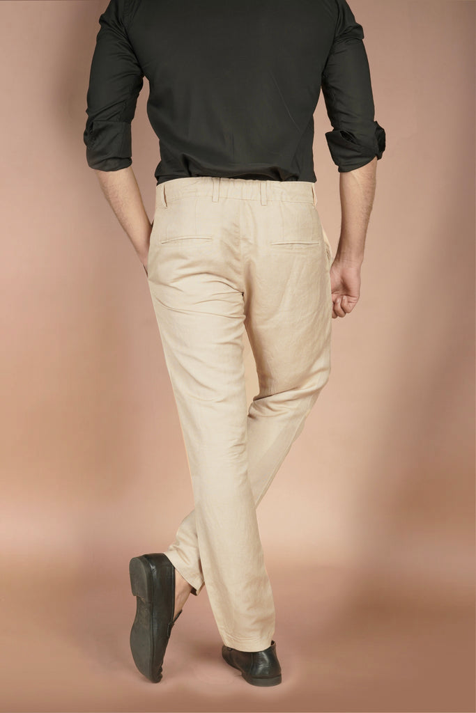 Beige Herringbone Linen Trousers - Foberry USA