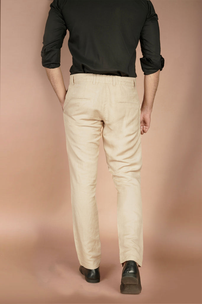 Beige Herringbone Linen Trousers - Foberry USA