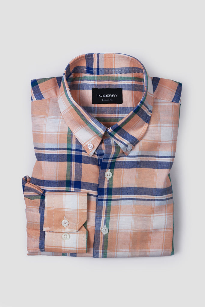Orange Blue Plaid Cotton Linen Shirt - Foberry USA
