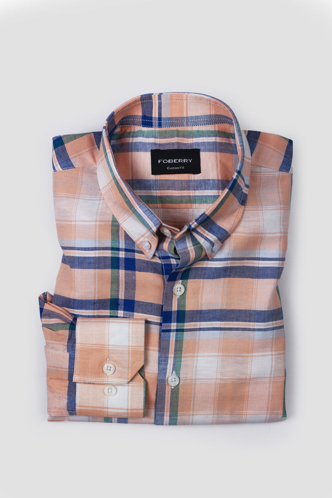 Orange Blue Plaid Cotton Linen Shirt - Foberry USA