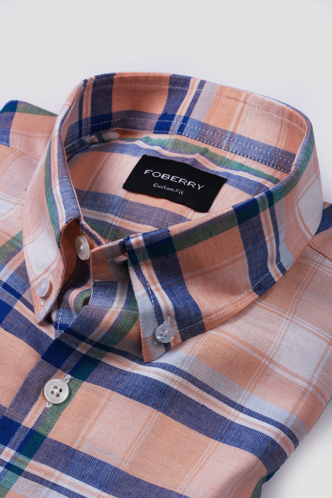 Orange Blue Plaid Cotton Linen Shirt - Foberry USA