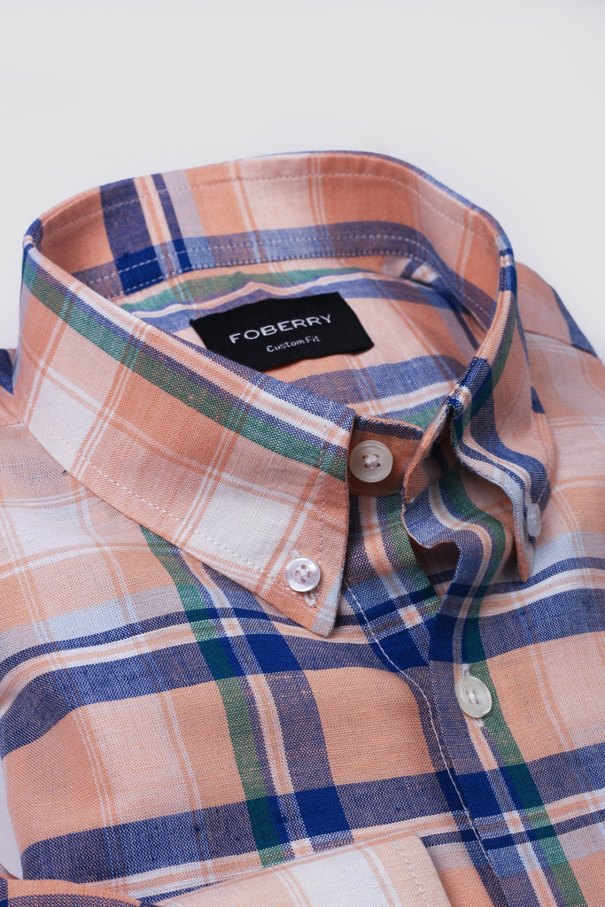 Orange Blue Plaid Cotton Linen Shirt - Foberry USA