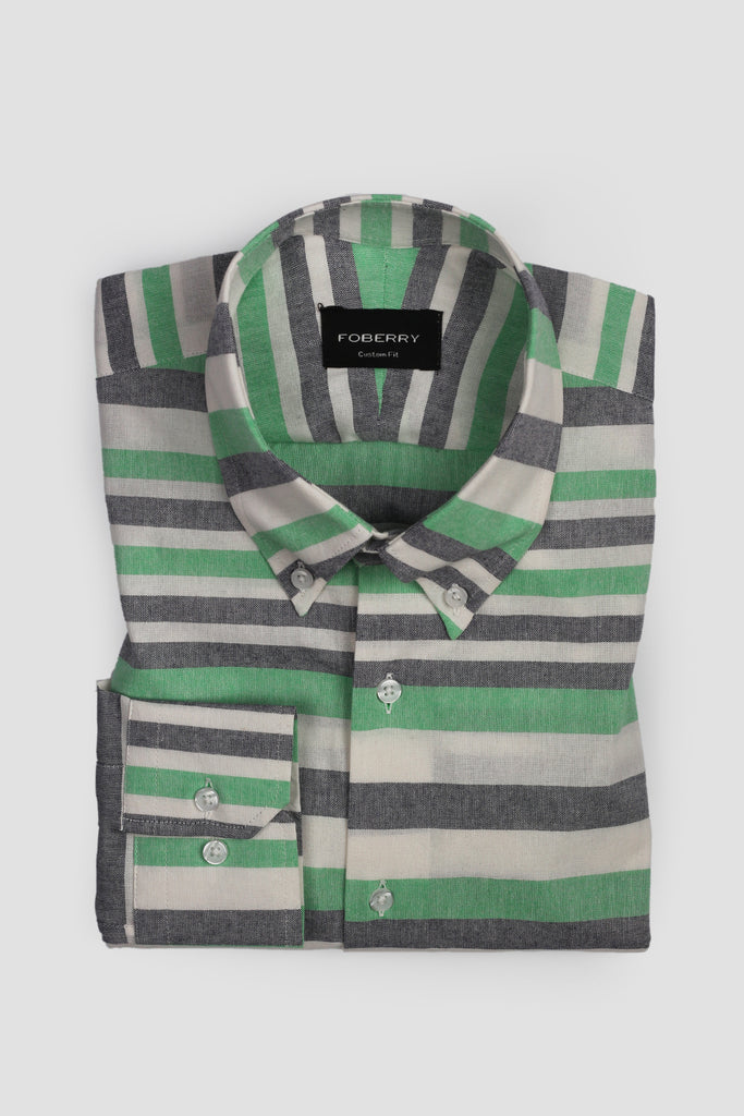 Green Horizontal Striped Linen Shirt - Foberry USA