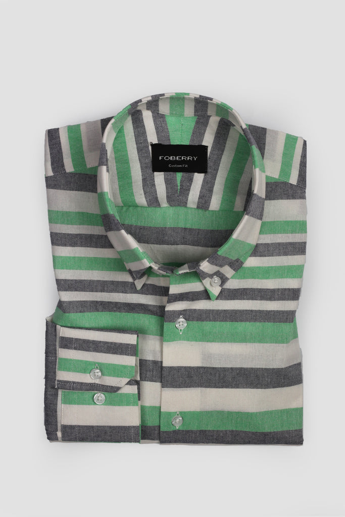 Green Horizontal Striped Linen Shirt - Foberry USA