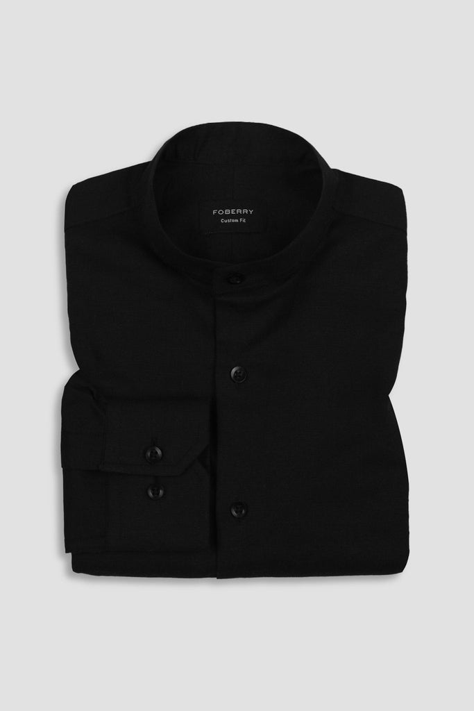 Black Linen Band Collar Shirt