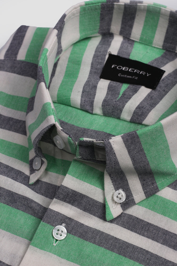 Green Horizontal Striped Linen Shirt - Foberry USA