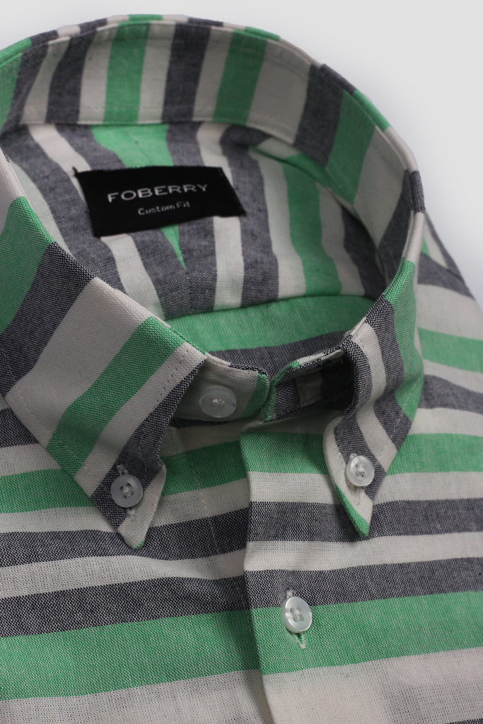 Green Horizontal Striped Linen Shirt - Foberry USA