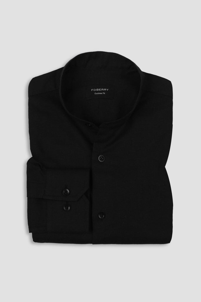 Black Linen Band Collar Shirt