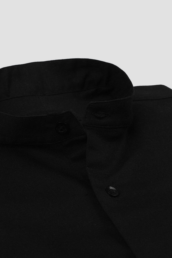 Black Linen Band Collar Shirt
