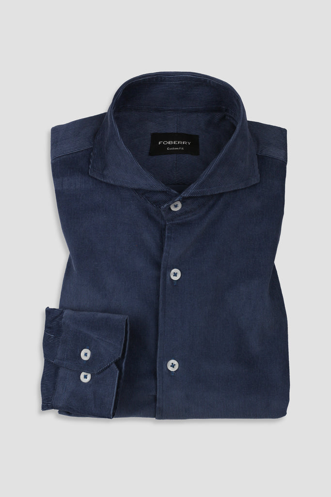 Steel Blue Corduroy Shirt - Cut Away Extreme Collar - Foberry USA