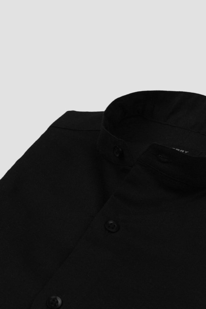 Black Linen Band Collar Shirt