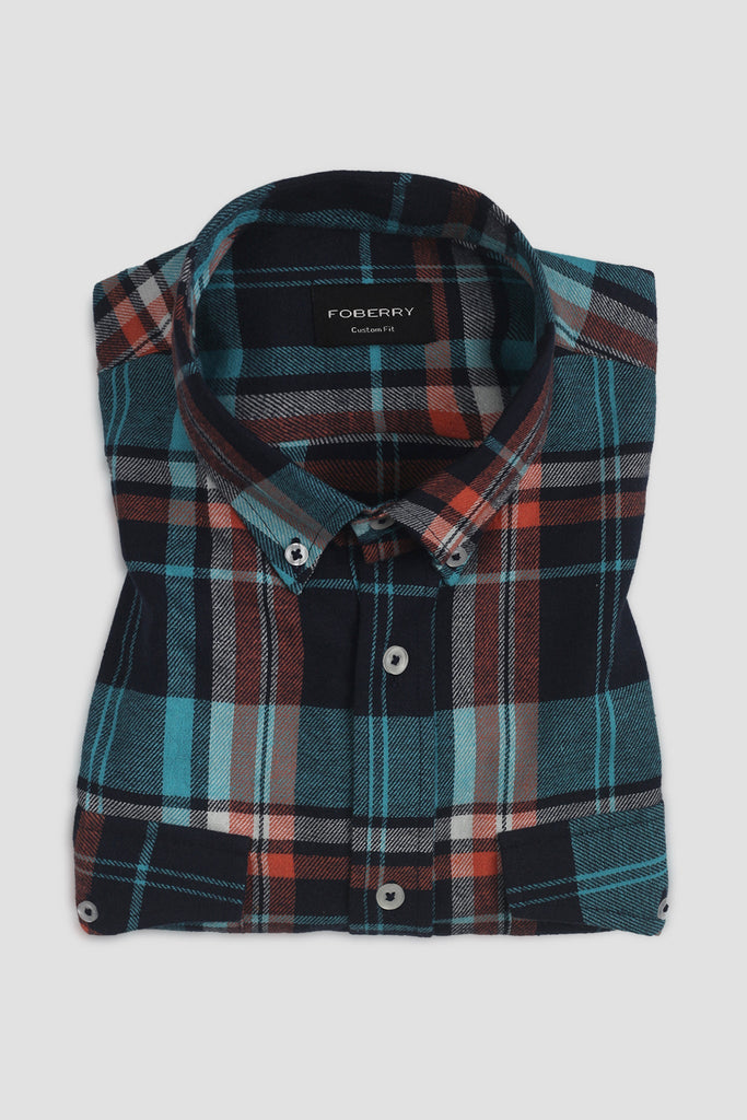 Orange Blue Tartan Winter Flannel Shirt - Foberry USA