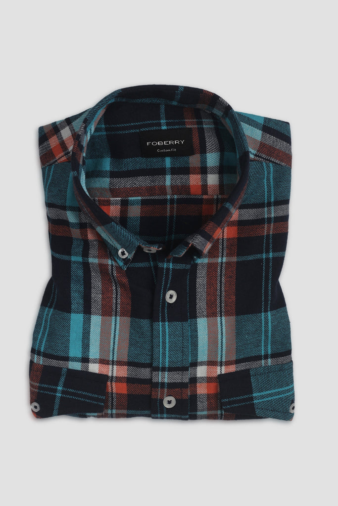 Orange Blue Tartan Winter Flannel Shirt - Foberry USA