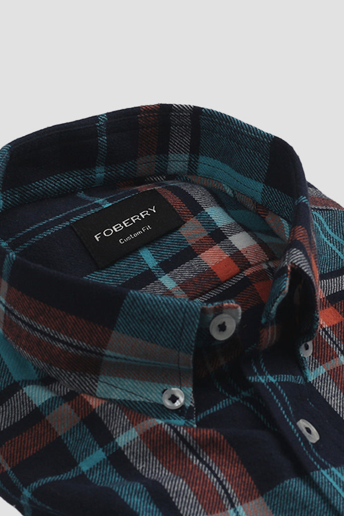Orange Blue Tartan Winter Flannel Shirt - Foberry USA