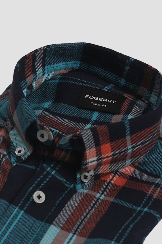 Orange Blue Tartan Winter Flannel Shirt - Foberry USA