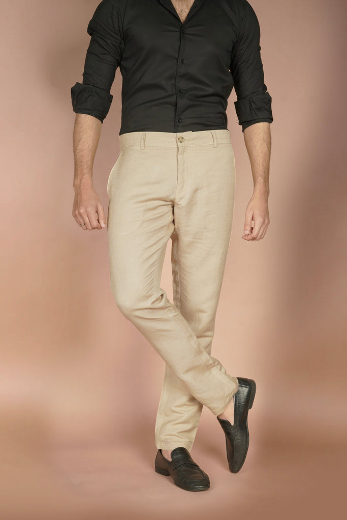 Beige Herringbone Linen Trousers - Foberry USA
