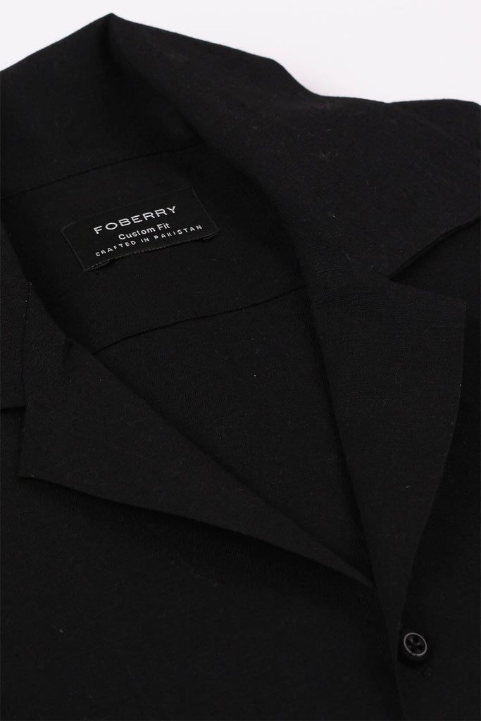Black Linen Camp Collar Shirt - Foberry USA