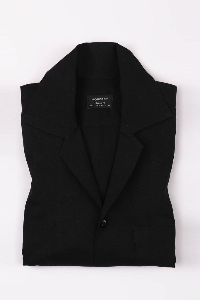 Black Linen Camp Collar Shirt - Foberry USA