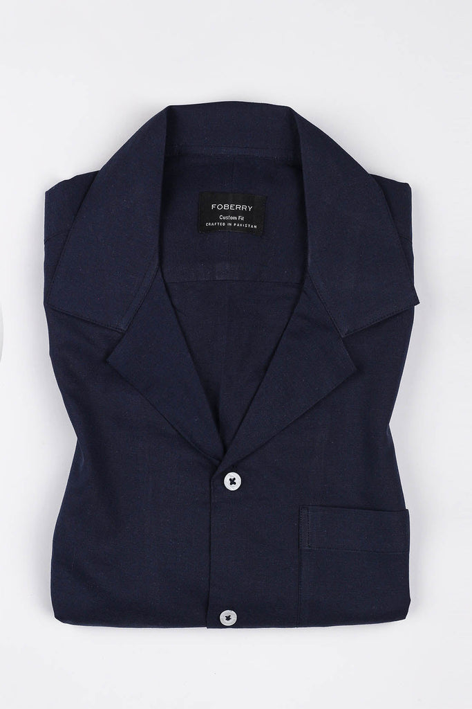 Navy Blue Linen Camp Collar Shirt - Foberry USA