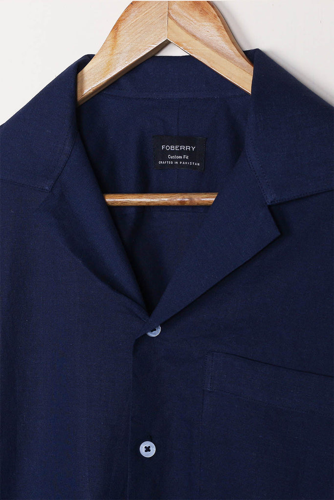 Navy Blue Linen Camp Collar Shirt - Foberry USA
