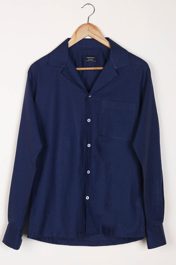 Navy Blue Linen Camp Collar Shirt - Foberry USA