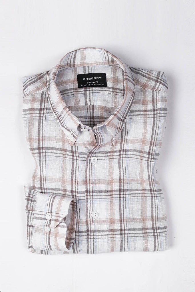 Tan Checkered  Linen Shirt - Foberry USA