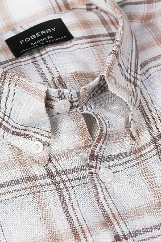 Tan Checkered  Linen Shirt - Foberry USA