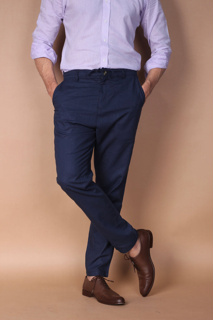 Navy Blue Linen Trouser - Foberry USA