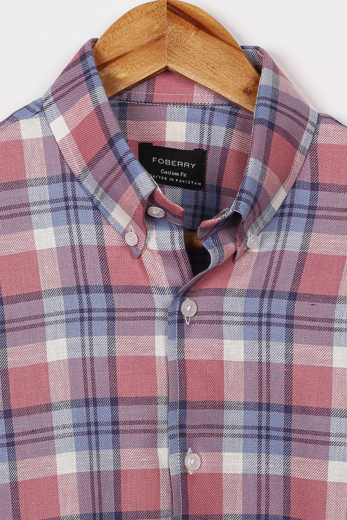 Salmon Blue Tartan Linen Shirt - Foberry USA