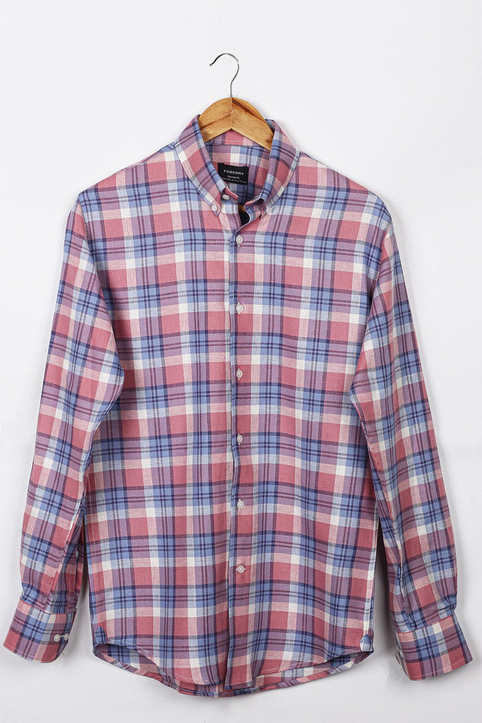 Salmon Blue Tartan Linen Shirt - Foberry USA