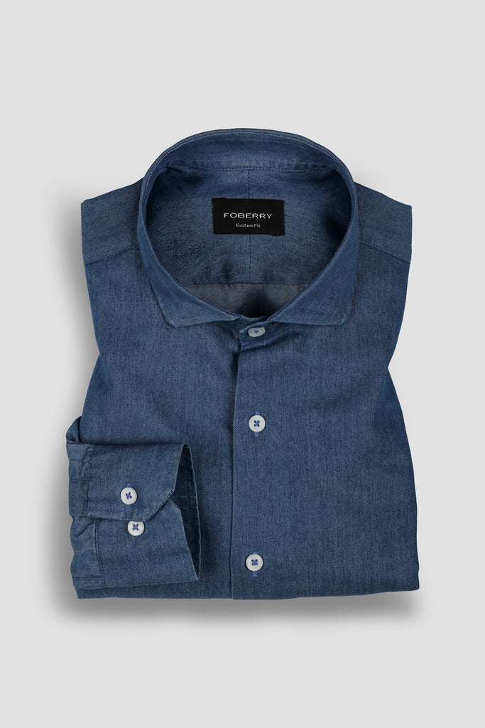 Denim Medium Wash Shirt - Cut Away Classic Collar - Foberry USA