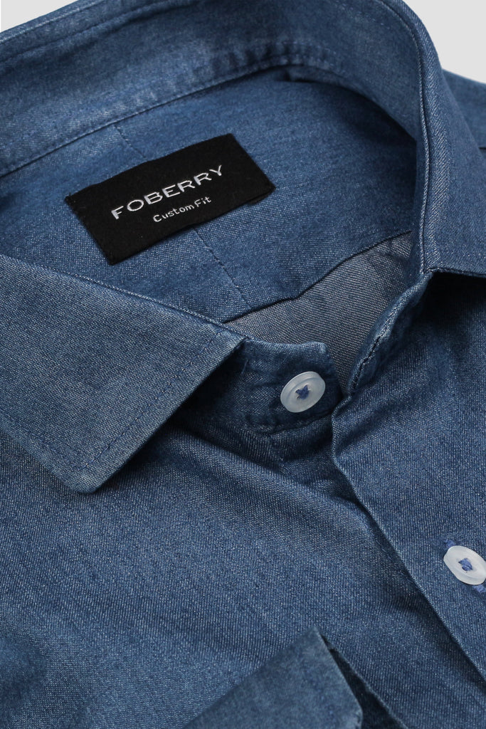 Denim Medium Wash Shirt - Cut Away Classic Collar - Foberry USA