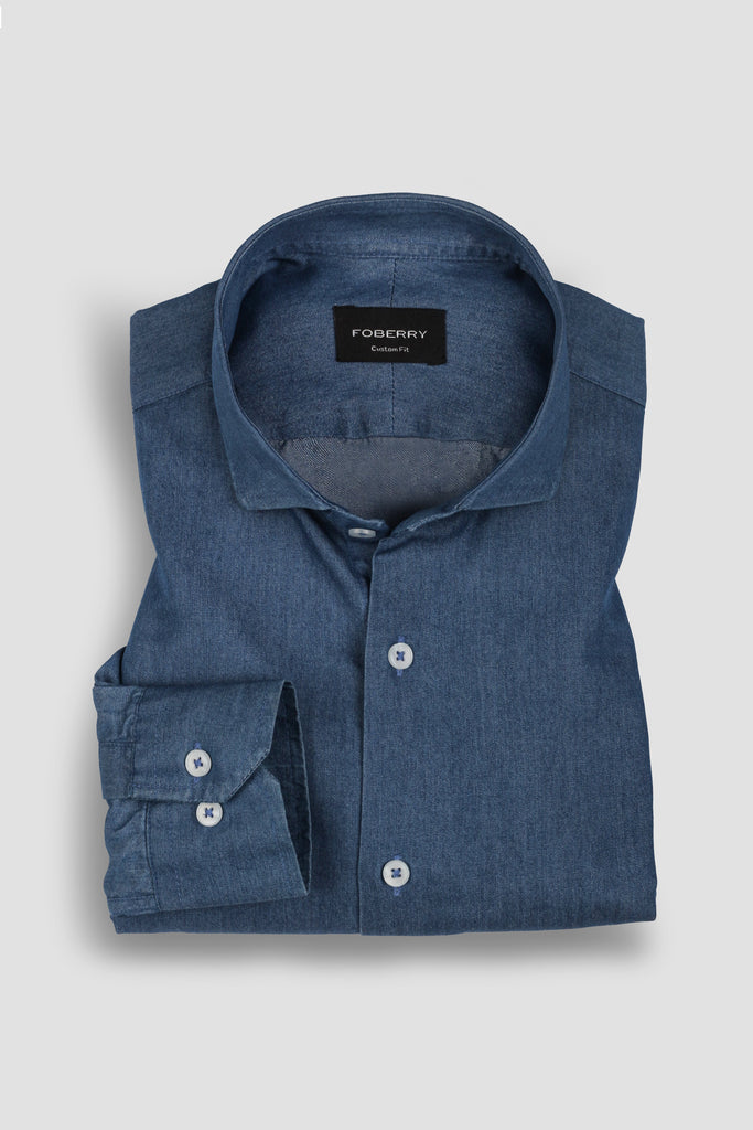 Denim Medium Wash Shirt - Cut Away Classic Collar - Foberry USA