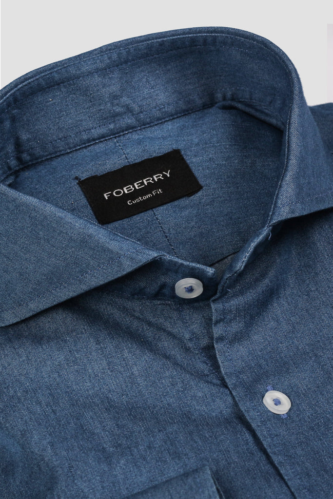 Denim Medium Wash Shirt - Cut Away Extreme Collar - Foberry USA