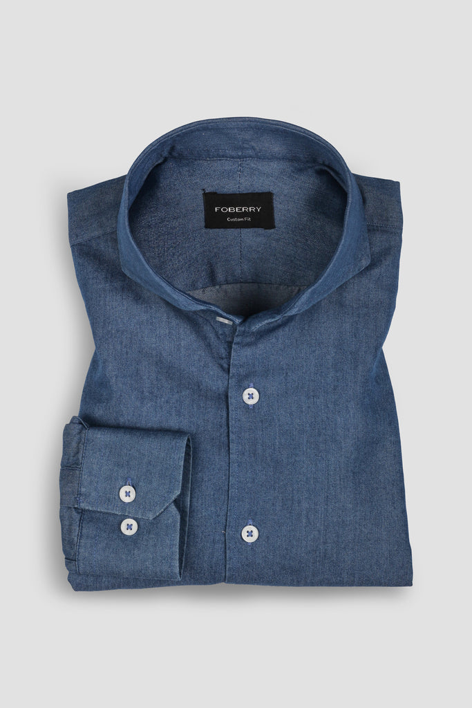 Denim Medium Wash Shirt - Cut Away Extreme Collar - Foberry USA