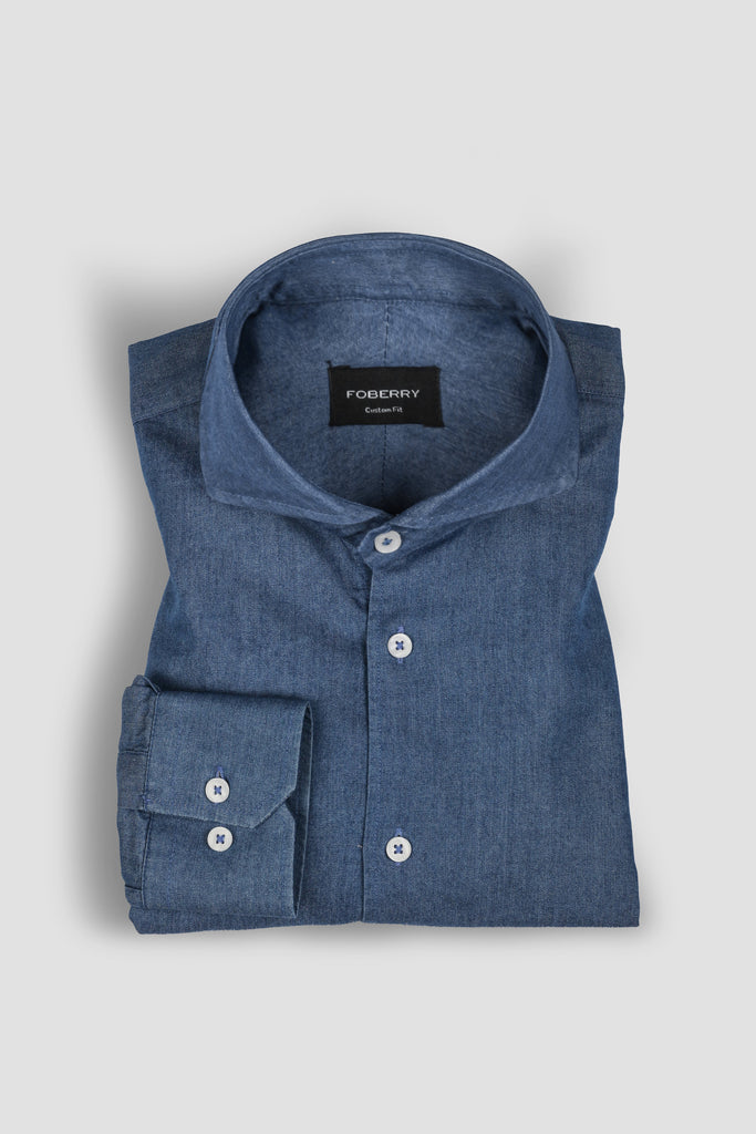 Denim Medium Wash Shirt - Cut Away Extreme Collar - Foberry USA