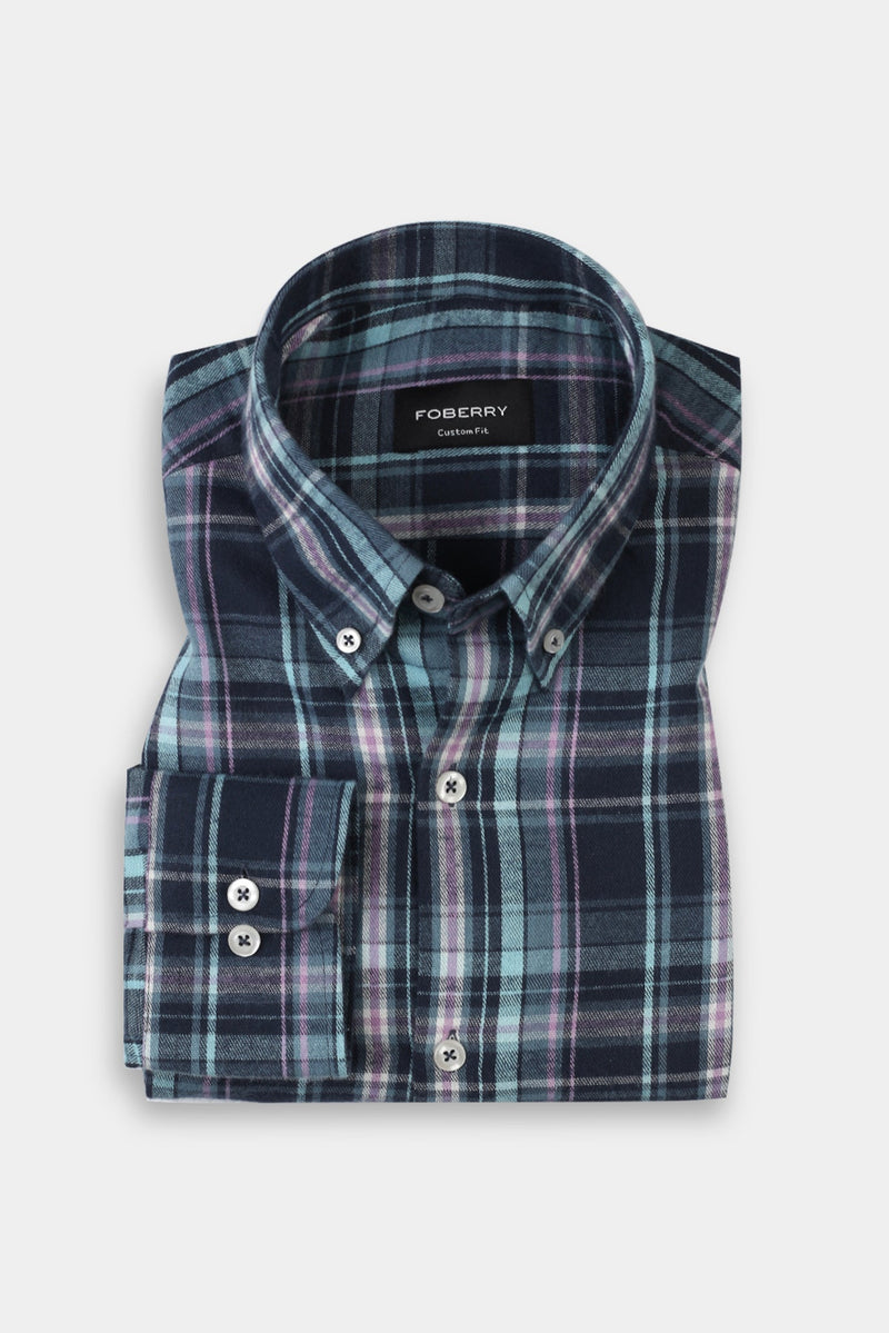 Soft Teal Blue Tartan Winter Flannel Shirt