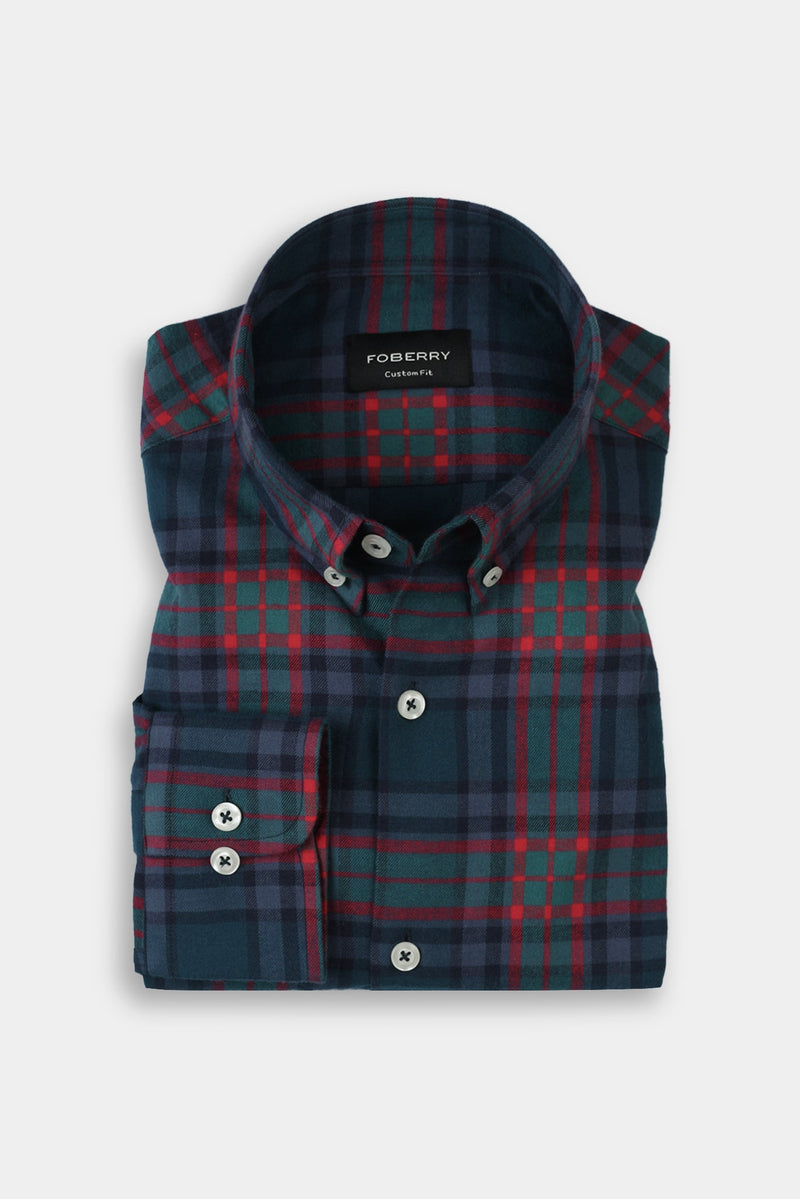 Dark Blue Green Tartan Winter Flannel Shirt