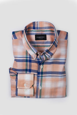 Orange Blue Plaid Cotton Linen Shirt - Foberry USA