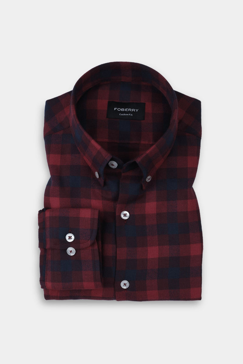 Soft Maroon & Blue Buffalo Check Winter Flannel Shirt