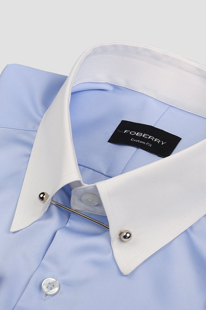 Soft Sky Blue Egyptian Poplin Pin Collar Shirt