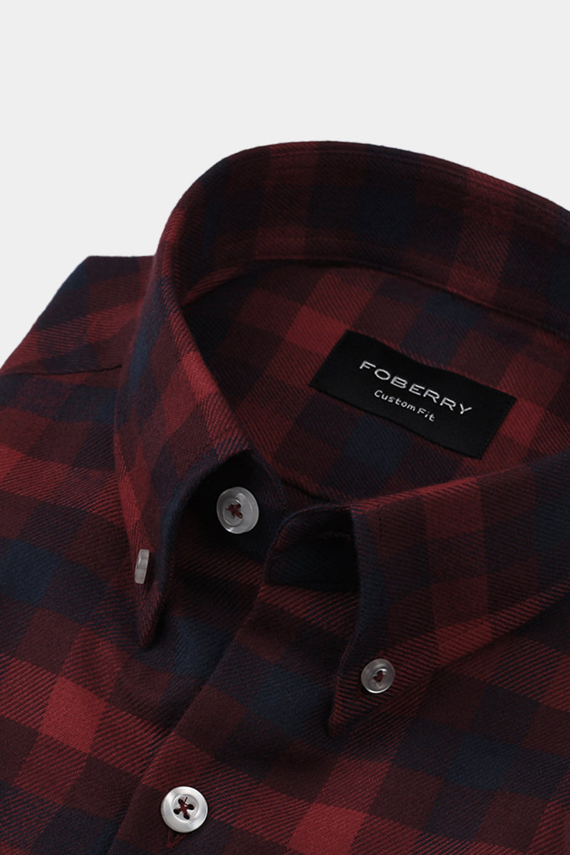 Soft Maroon & Blue Buffalo Check Winter Flannel Shirt