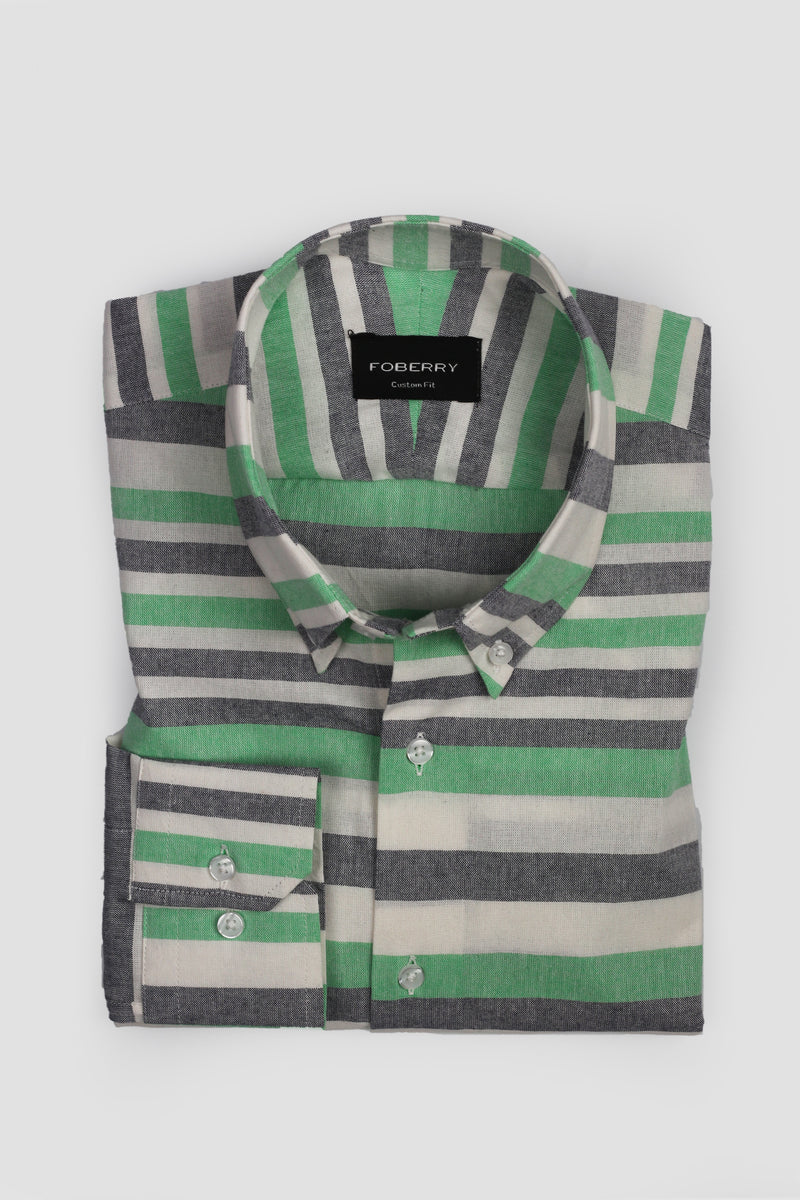Green Horizontal Striped Linen Shirt - Foberry USA