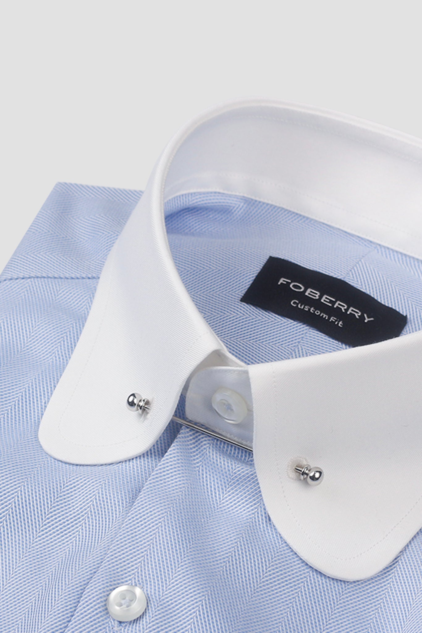 Sky Blue Herringbone Pin Collar Shirt