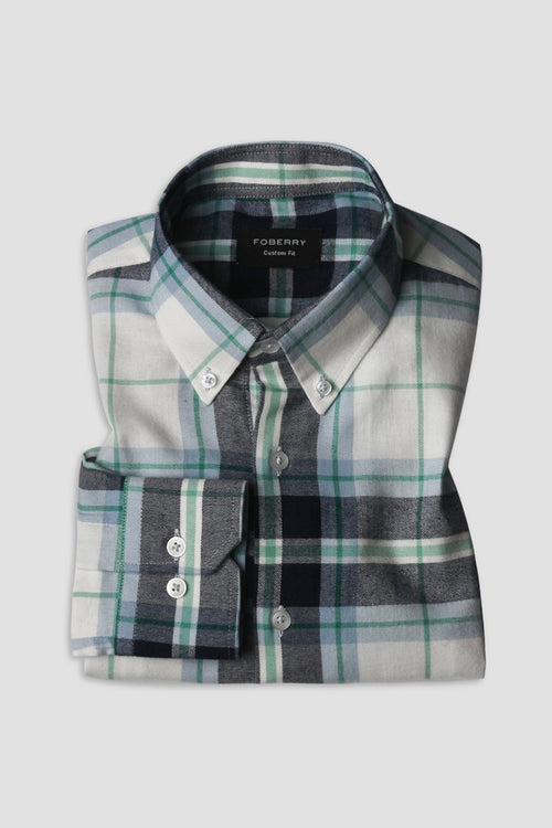 Blue Green Plaid Winter Flannel Shirt - Foberry USA